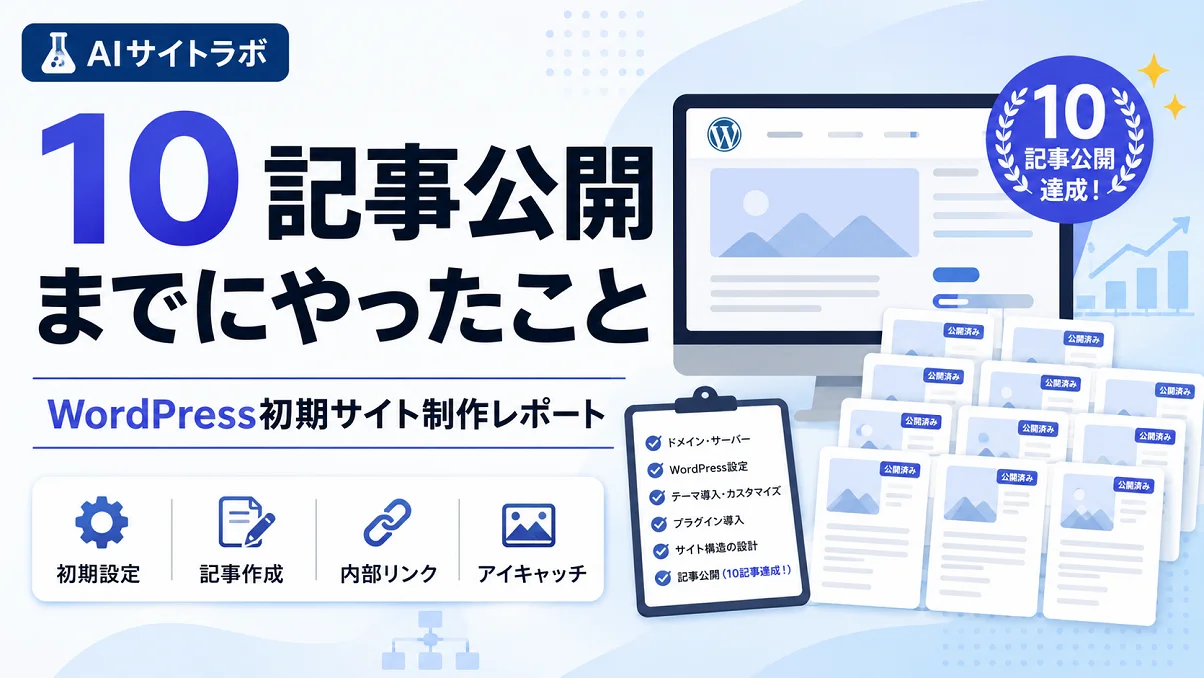 AIサイトラボで10記事公開までの流れと今後の確認ポイントをまとめたアイキャッチ画像